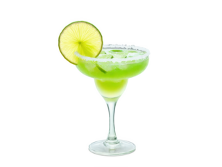 Margarita cocktail with lime wedge and salted rim, vibrant green and yellow, creative glass, dynamic splash, product hero shot