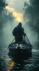 Misty Morning Fisherman with Full Net of Fish