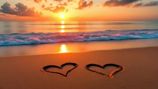 Romantic Sunset on the Beach With Two Hearts in the Sand: A Valentine's Day Background