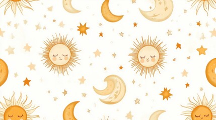 Celestial Dreams: A whimsical pattern of suns, moons, and stars, perfect for kids' decor or textile design.
