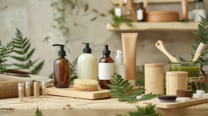 Eco-Friendly Skincare Products on Wooden Shelf with Green Plants and Natural Elements