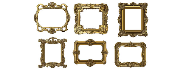 Set of pink flowers isolated on a transparent backgroun - Set of golden vintage frames isolated on a transparent background