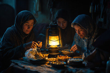 Fototapeta premium Three women in headscarves sit around a table illuminated by a lantern, sharing a meal in a dimly lit room.