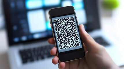 Hand holding QR code on phone near laptop, suitable for technology, digital marketing, online shopping, contactless payment, and cybersecurity concepts.