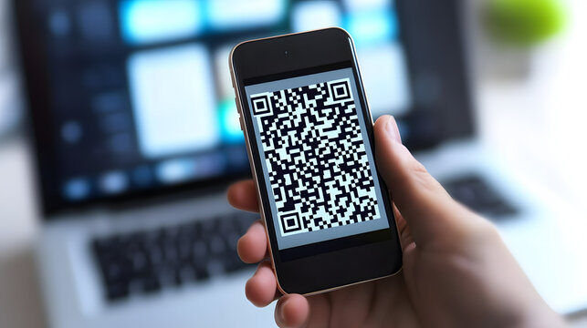 Hand holding QR code on phone near laptop, suitable for technology, digital marketing, online shopping, contactless payment, and cybersecurity concepts.