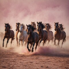 A group of wild horses galloping through a pink sandstorm.