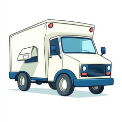 Delivery Truck Illustration: A Cartoon-Style Depiction of a White Delivery Van with Blue Details, Perfect for Logistics, Shipping, and Transportation Concepts.