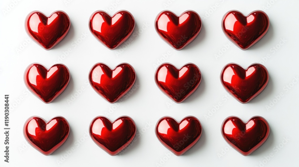Aufkleber repeating pattern of shiny red hearts on a light background
