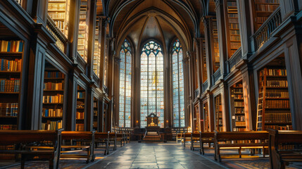 Fototapeta premium The interior space of a library from the classic era or the past is very beautiful and stunning