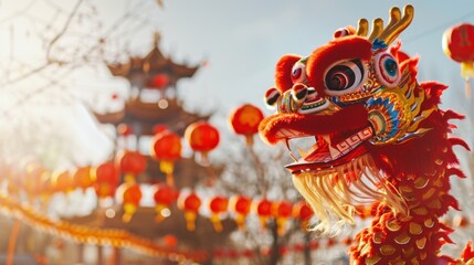 Fototapeta premium vibrant dragon dance during festive celebration, showcasing colorful dragon head with intricate details against backdrop of lanterns and traditional architecture