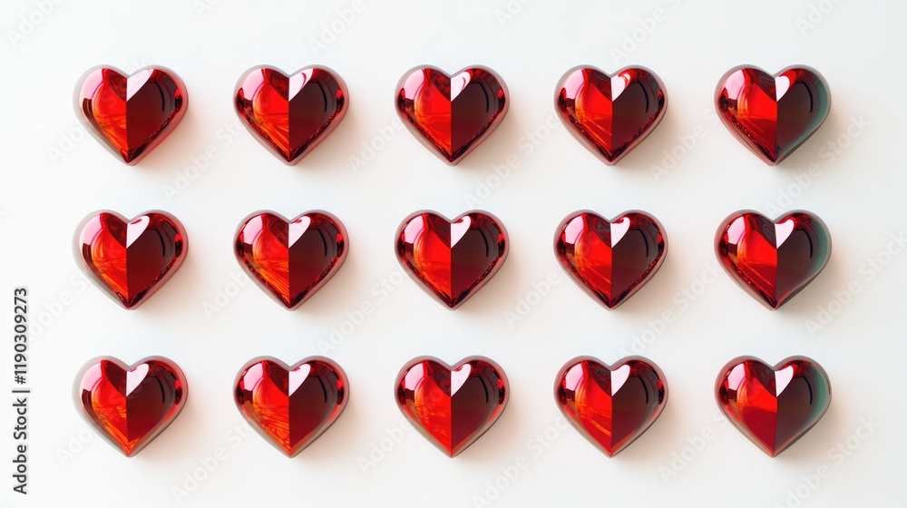 Poster red heart shapes arranged in a stylish pattern on white background