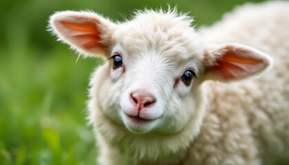 Fototapeta premium Adorable Lamb in a Lush Green Pasture