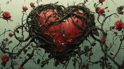 Heart Enclosed in Thorny Vines and Roses Against a Soft Background