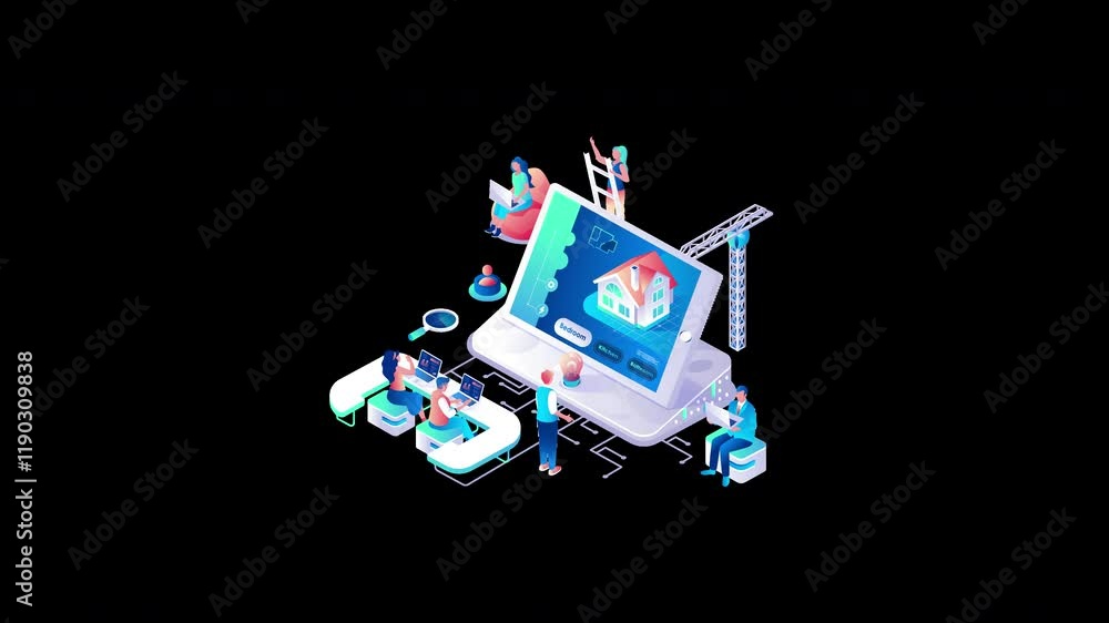 Poster a diverse group of people working collaboratively on a digital real estate project using a large scr