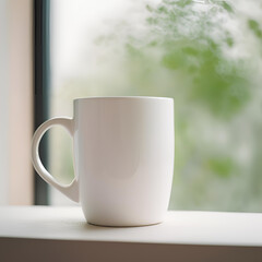 Obraz premium Blank white mug close up mockup on blur living room background.