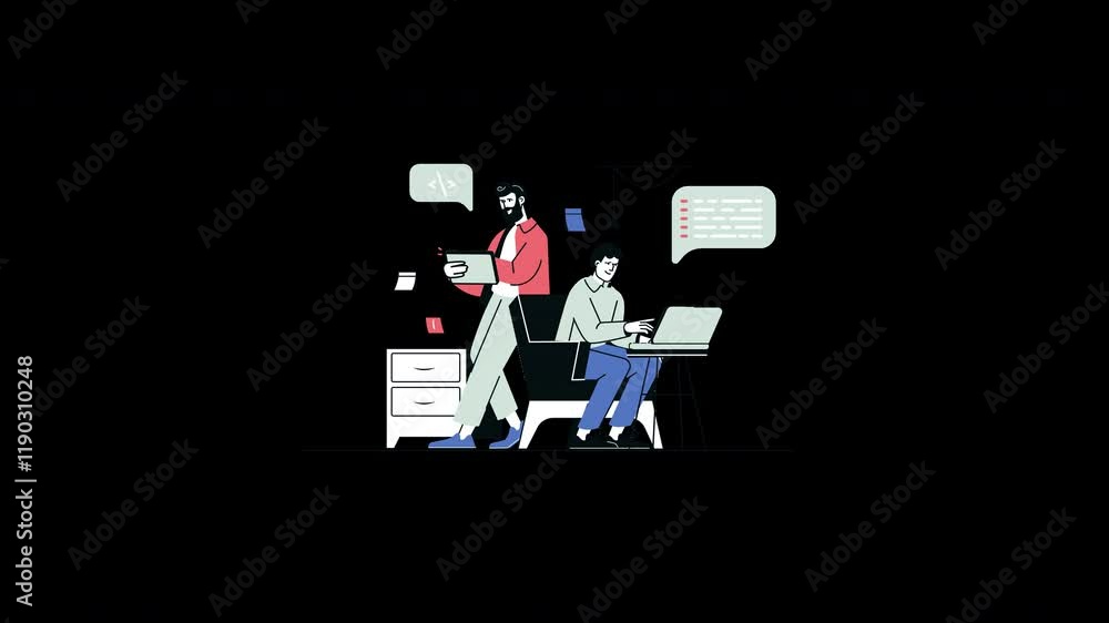 Poster two diverse professionals collaborating on a project with technology, showcasing a modern workspace 
