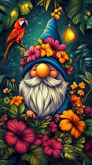 Tropical Garden Gnome with Macaw Parrot - Whimsical Fantasy Illustration