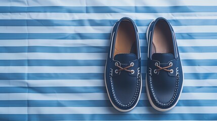 Navy Blue Boat Shoes on Blue and White Striped Fabric