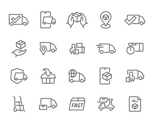 Fast Delivery Icons. A simple and editable vector icon set- delivery trucks, boxes, location pins, secure packages, and fast shipping symbols. Ideal for logistics and ecommerce.