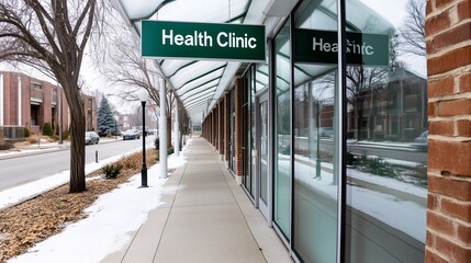 A health clinic with a green sign, brick exterior, and glass walls along a snowy sidewalk on a winter day.