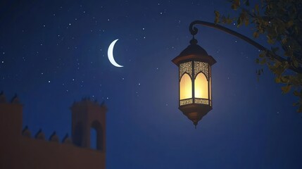 Naklejka premium Serene Night Lantern: Crescent Moon, Stars, and Intricate Design