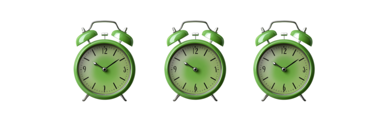 3 green alarm clocks, isolated on a transparent background