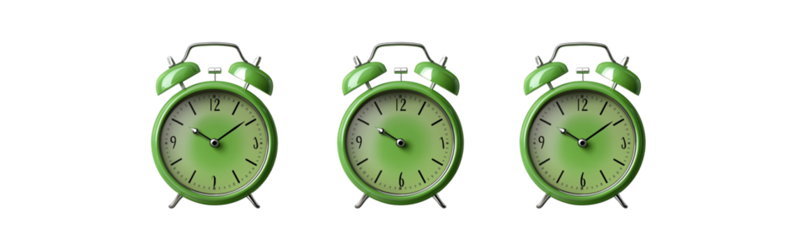 3 green alarm clocks, isolated on a transparent background - Powered by Adobe