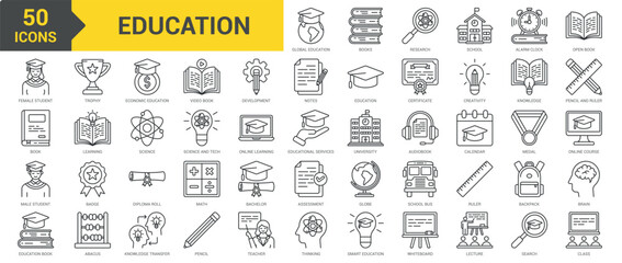Education icon collection set. Containing school, alarm clock, open book, learning, science, science and tech, online learning, educational services, university, knowledge icon. Simple line vector
