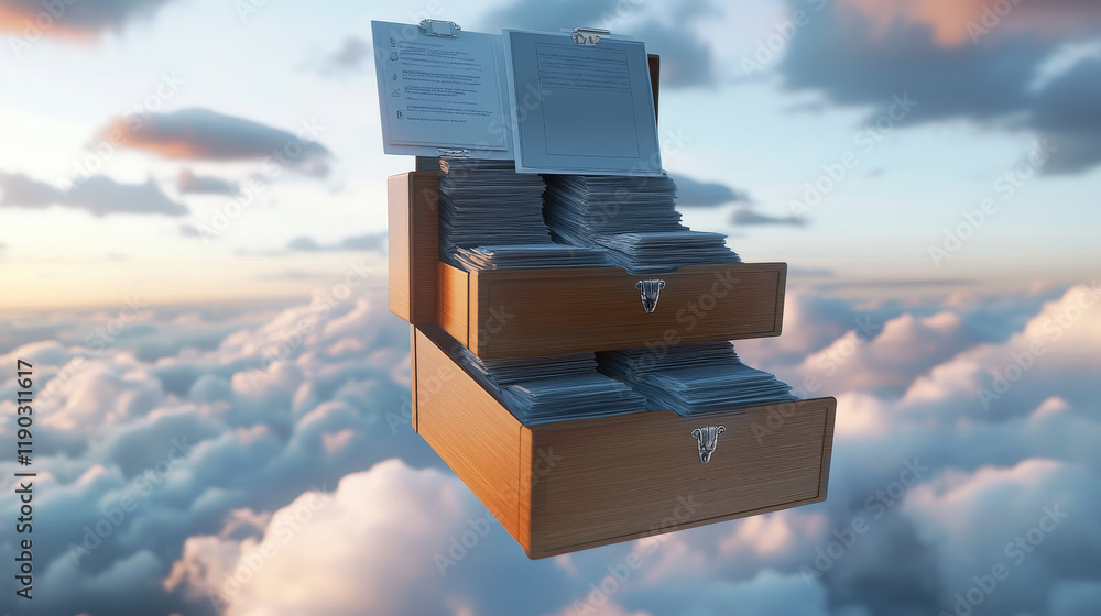 Poster cloud storage and computing service with a man uploading and downloading information from the cloud 