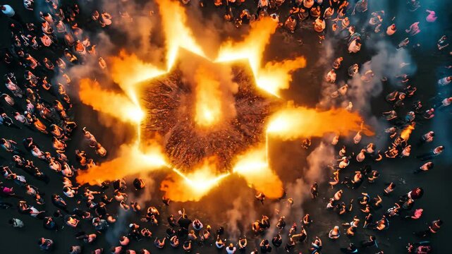 Crowd gathered around vibrant flames during dynamic drone shot showcasing energy and excitement, Flying around beautiful flames in crowd drone shot