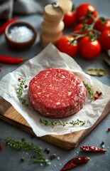 Raw hamburger patty with spices on rustic wooden plate