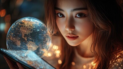 Naklejka premium A woman holding an iPad with floating data charts and graphs, with a holographic globe showing global business activity