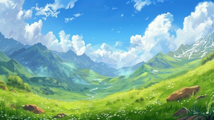 Obraz premium vibrant landscape featuring lush green hills, majestic mountains, and clear blue sky filled with fluffy clouds. serene scene evokes sense of peace and tranquility
