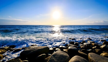 Obraz premium Serene Sunset Seascape: Ocean Waves Crashing on Rocky Shore