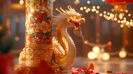 Fototapeta premium dragon flying through a rain of glowing coins and confetti, with firecracker smoke and festive red lighting in the background 
