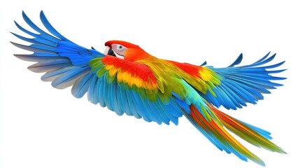 Obraz premium Vibrant Parrot Soaring Through the Air on a Crisp White Background
