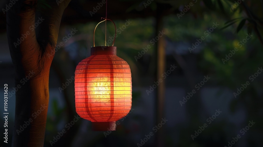 Aufkleber glowing red lantern hangs from tree, illuminating surrounding greenery with warm light, creating serene and inviting atmosphere