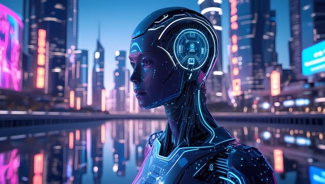 Futuristic Digital Silhouette of Artificial Intelligence Technology - Vector Illustration