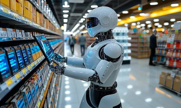 Humanoid Robot Using Tablet Computer to Manage Inventory in Modern Retail Store