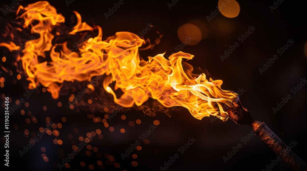 Poster flames dance vividly from torch, illuminating dark background with warm glow. fiery display creates 