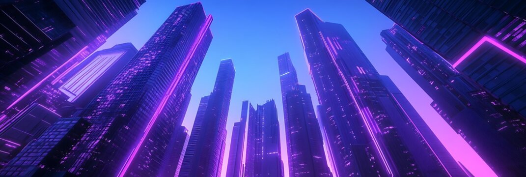 A futuristic cityscape with towering skyscrapers bathed in neon purple light