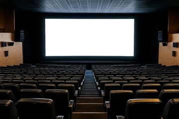 Fototapeta premium Cinema with black chairs with white blank screen in Brazil. Mockup of hall, no people and auditorium