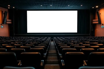 Cinema with black chairs with white blank screen in Brazil. Mockup of hall, no people and auditorium