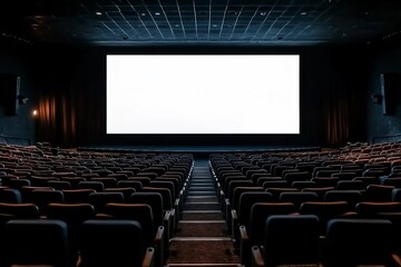 Fototapeta premium Cinema with black chairs with white blank screen in Brazil. Mockup of hall, no people and auditorium