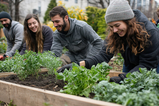 A group of friends work together in a community garden, tending to various leafy greens and herbs.