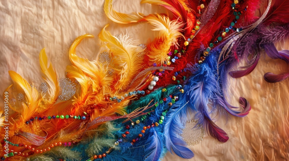 Poster vibrant feathers in rainbow colors with beads and embellishments create stunning visual display. thi