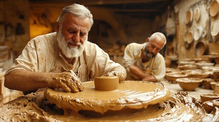 Elderly potter shaping clay on a spinning wheel in a workshop.
