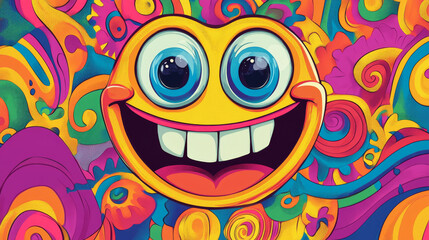 Groovy cartoon smile beams with psychedelic vibes, featuring funny, exaggerated eyes brimming with joy. Isolated vector retro cute emoji character with a vibrant, infectious grin, and nostalgic mood