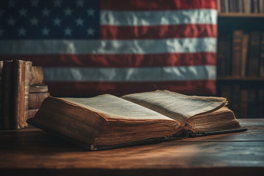 An open antique book rests on a wooden table, with an American flag subtly blurred in the background.