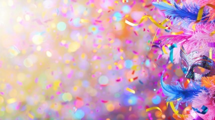 Obraz premium Colorful carnival mask with feathers and confetti on festive background